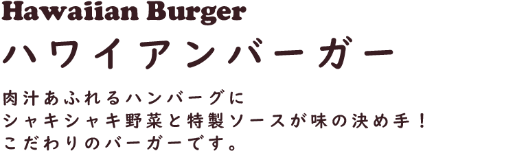 Hawaiian Burger ハワイアンバーガー
肉汁あふれるハンバーグにシャキシャキ野菜と特製ソースが味の決め手！
こだわりのバーガーです。