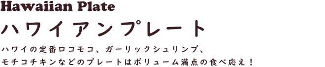 Hawaiian Plate ハワイアンプレート
ハワイの定番ロコモコ、ガーリックシュリンプ、モチコチキンなどのプレートはボリューム満点の食べ応え！