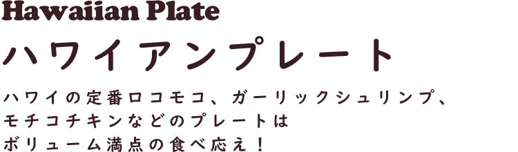Hawaiian Dish ハワイアンディッシュ
ハワイの定番ロコモコ、ガーリックシュリンプ、モチコチキンなどのプレートはボリューム満点の食べ応え！